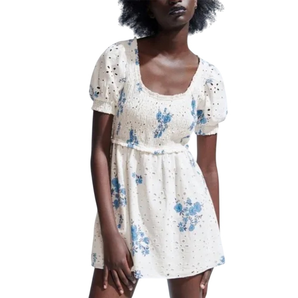 Zara Eyelet Mini Dress Smocked Floral Puff Sleeve‎ Square Neck Cottagecore XS